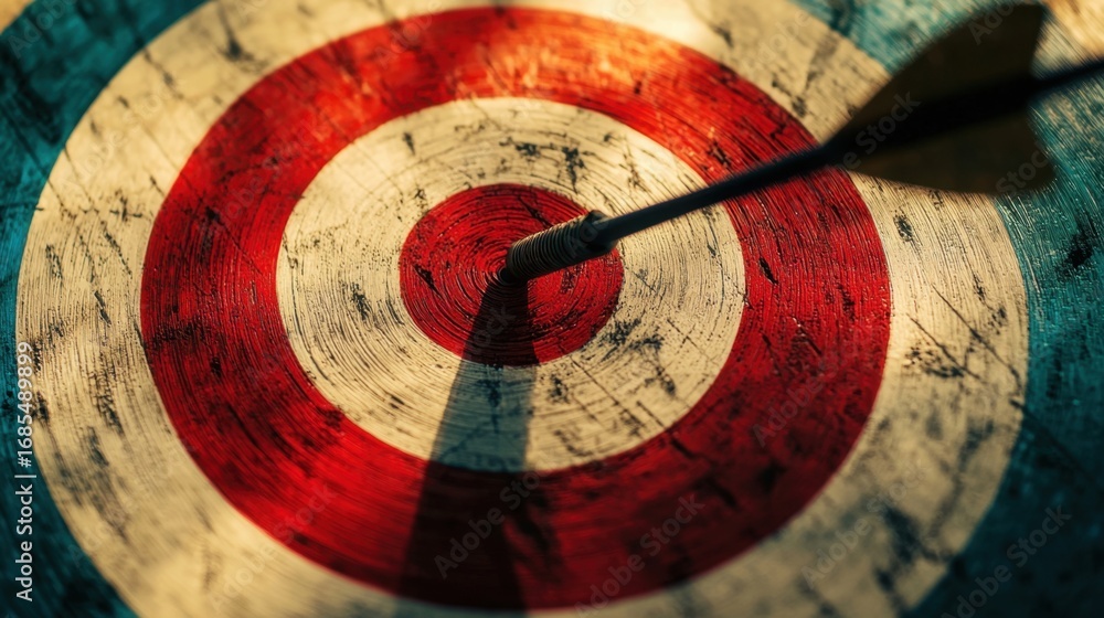 Poster dart hitting the center of a target with vibrant colors in a well-lit indoor setting during a compet