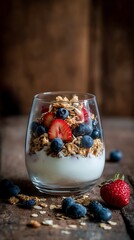 Awesome photo of gentle photograph of homemade muesli paired with yogurt and fresh fruit in a glass cup against a wooden backdrop.