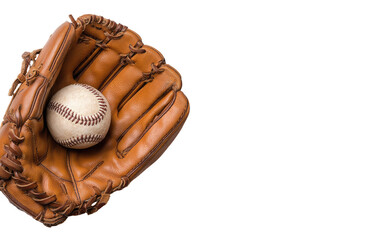 Baseball glove and ball, top-down view.  A vintage-style baseball glove, tan leather, holds a classic baseball