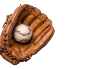 Baseball glove and ball, top-down view.  A vintage-style baseball glove, tan leather, holds a classic baseball
