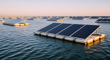 Floating solar energy panels on calm water surface at sunrise generating sustainable electricity from sunlight
