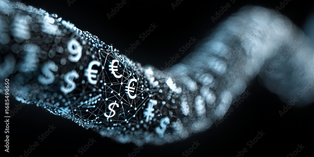 Poster currency symbols integrated into a digital chain representing global finance and blockchain technolo