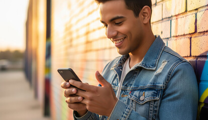 Smiling young man holding phone while text messaging