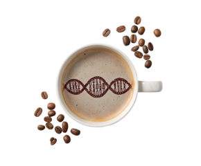 A white coffee mug filled with coffee, featuring a DNA double helix design. Coffee beans are scattered around the mug