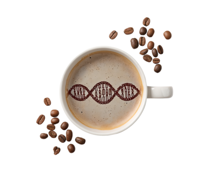 A white coffee mug filled with coffee, featuring a DNA double helix design. Coffee beans are scattered around the mug
