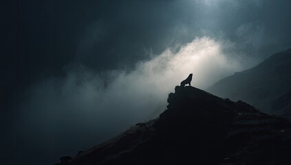 Silhouette of wolf on mountain peak, dramatic lighting