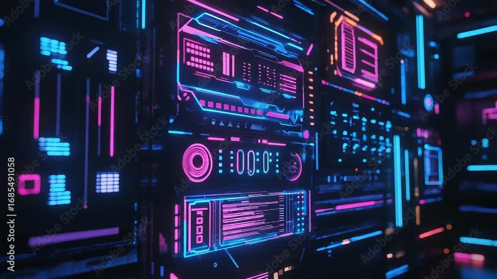Poster futuristic neon user interface displaying complex data and information