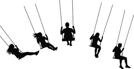 Silhouette of children playing on swings, kids enjoying outdoor activity, playground fun, happy childhood moment, leisure vector illustration