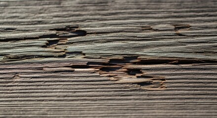 Fototapeta premium Close-up of weathered wood showing signs of decay and damage, with visible grain.
