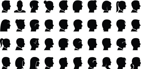 Silhouette profile heads of men and women, side view faces, people avatar vector illustration, black head icons, human character design