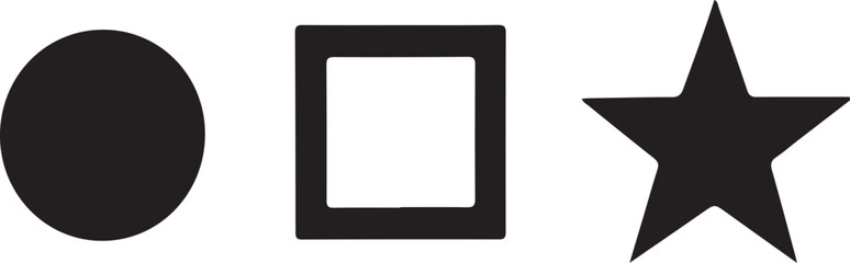A simple, graphic image displaying three basic shapes in a horizontal row. From left to right, there is a solid black circle, a black outlined square,