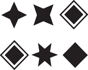Set of Six Geometric Star and Diamond Vector Shapes - Black Clip Art