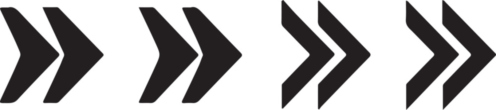 A simple, graphic image showing four sets of stylized black chevrons or arrows pointing to the right. forward, next, fast forward, direction, or progress.