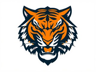 Illustration of a tiger head with orange and dark blue stripes on a white background