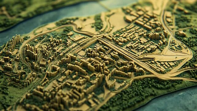 Miniature scale model of a generic city with river and buildings