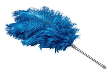 A vibrant blue feather duster, featuring a large, fluffy head, positioned against a stark black background.  The metal handle is a slender, polished shaft
