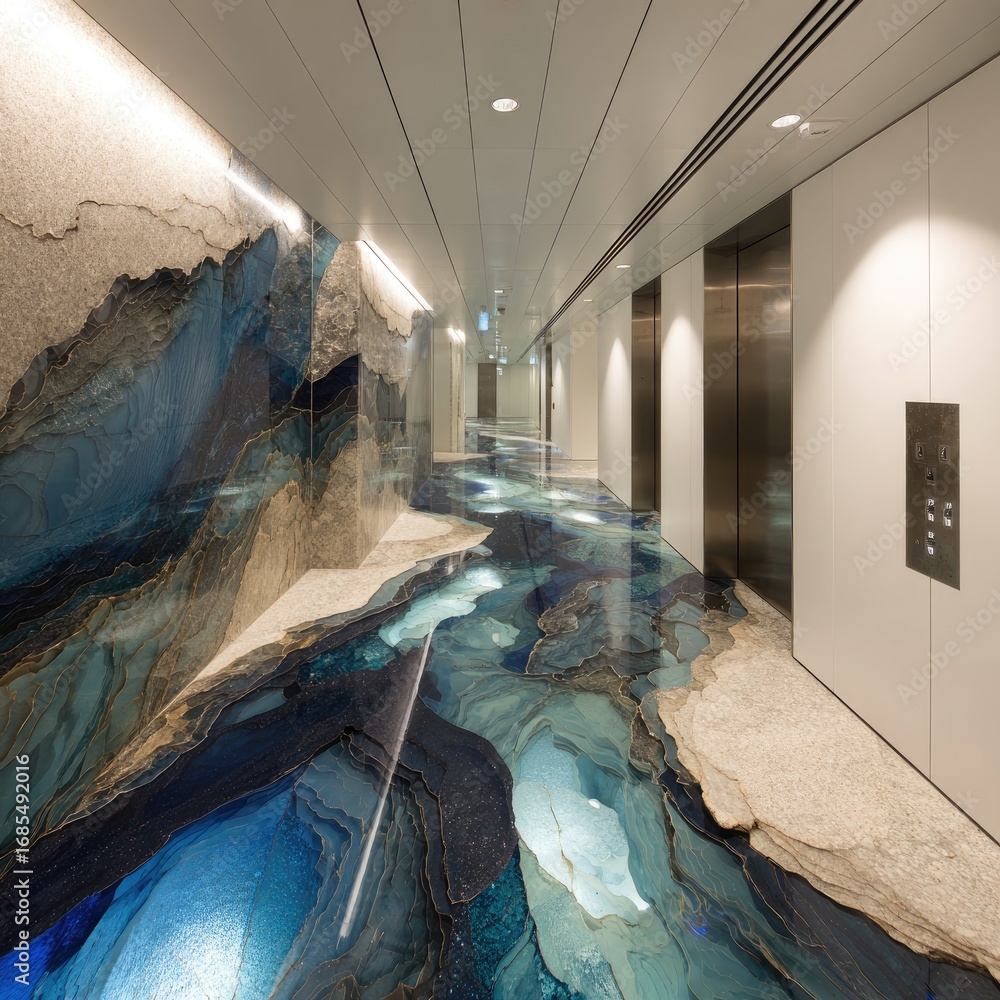 Poster a modern hallway showcases a stunningly designed floor and wall, featuring intricate patterns of blu