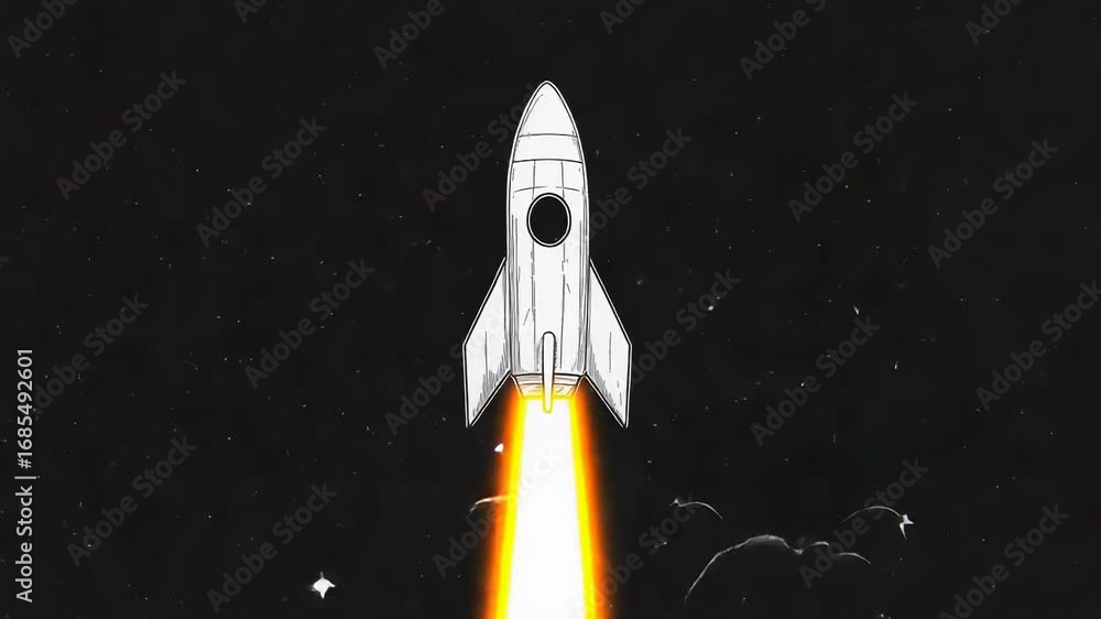 Poster rocket launching into space with stars and clouds in background