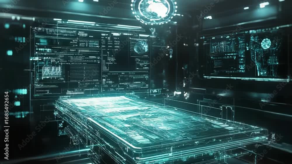 Poster futuristic operating room showing data analysis on digital screens