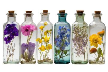 Pressed flowers in glass bottles