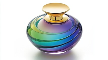 Colorful glass perfume bottle with a golden cap reflecting light in an artistic display
