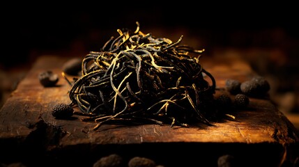 Awesome photo of rustic dark table showcasing black truffle Tajarin pasta illuminated by warm autumnal light, photographed from the front.