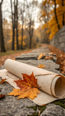 Autumn forest path with rolled textured paper and fallen maple leaf creating a rustic scene