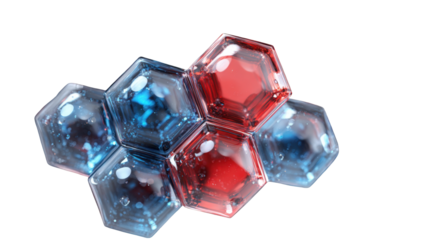 Abstract geometric structure of interlocking hexagonal crystals in translucent blue and red