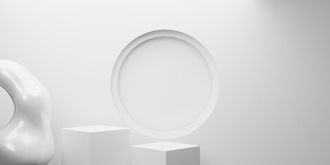 3d rendering of white geometric abstract minimal background. Scene for advertising design, podium, cosmetic, showroom, technology, banner, cream, business, luxury. Illustration. Product display