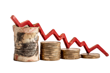 Red downward trend on stacks of coins