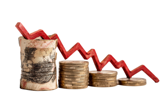 Red downward trend on stacks of coins