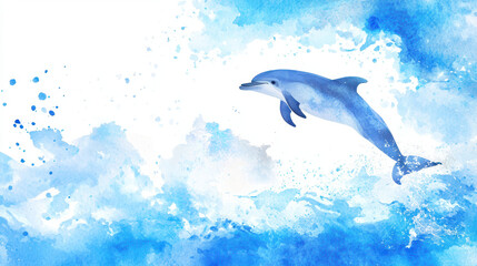 Obraz premium Vibrant dolphin leaps through splashes of blue watercolor waves, capturing essence of ocean life and freedom