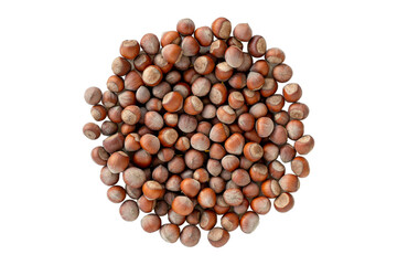 Round Pile of Raw Hazelnuts Isolated on a White Background