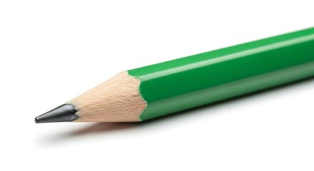 Sharpened Green Pencil Diagonally Positioned on White Background with Exposed Graphite Tip