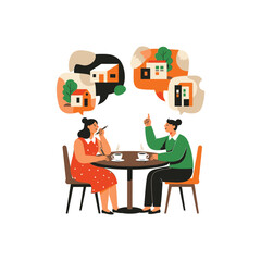 Two people discussing real estate ideas over coffee at a table.