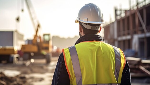Construction worker in hard hat surveys active job site - Powered by Adobe