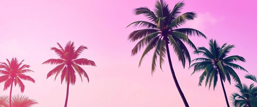 Horizontal vector holographic palm tree pattern Pink gradient background, tropical jungle texture, summer print, pattern, holiday