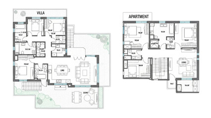 House Floor Plans Vector | CAD Drawing of Villa and Apartment Architectural Project