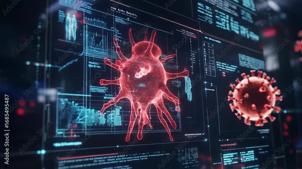 Poster scientists analyzing virus cells data on computer screen using futuristic software