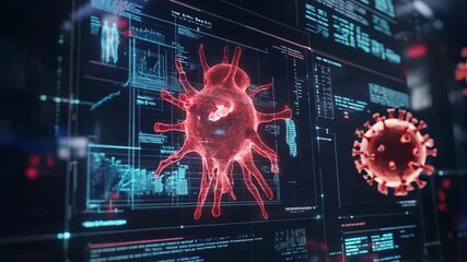 Scientists analyzing virus cells data on computer screen using futuristic software - Powered by Adobe