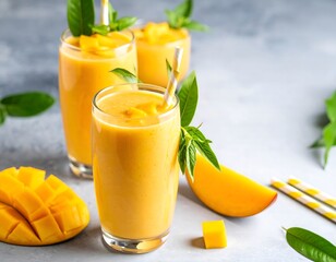 Fresh mango juice. Close up design concept of smoothie cold drink in a glass cup with paper straw on gray table background