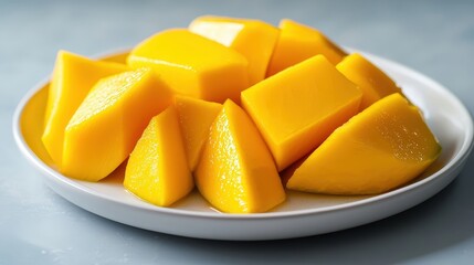 Fresh Sliced Mango on White Plate