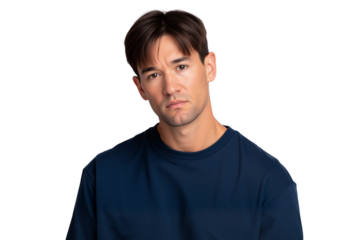 Sad handsome young man in a casual navy blue shirt gazes directly at the camera