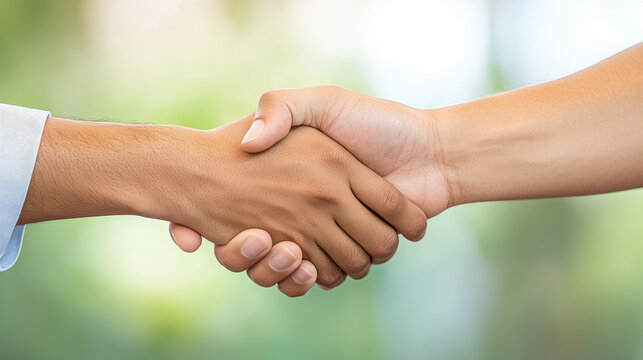 Two hands shaking in business agreement, symbolizing partnership and collaboration. background is blurred, creating professional atmosphere