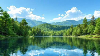 A scenic view of a tranquil lake surrounded by lush green trees and distant mountains under a blue sky