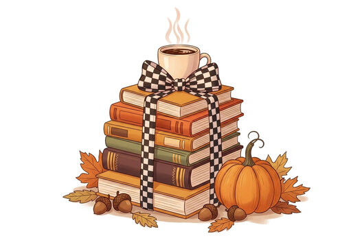 A stack of books, centered in the image, is topped with a steaming cup of coffee and a checkered ribbon bow