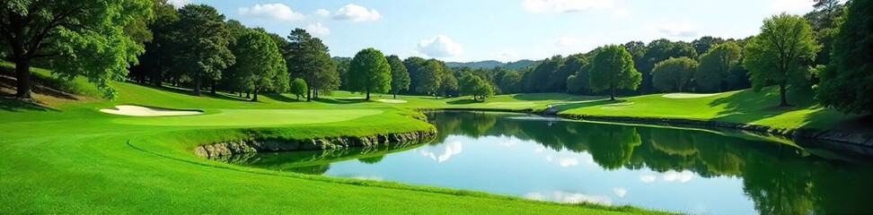 Obraz premium Serene golfing pond nestled amongst lush green fairways, reflecting the clear sky Perfect for a tranquil escape or a challenging shot , recreation, spring, fish