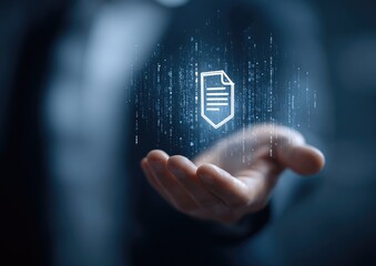 Document icon in a hand, surrounded by digital code