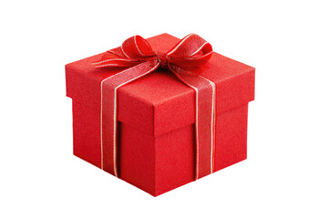 Red gift box with a crimson ribbon bow.  A square,  red gift box,  ornamented with a wide red ribbon bow,  is presented against a black background.  The box appears new and ready to be opened