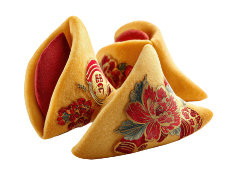Three fortune cookies, golden-yellow, decorated with intricate floral patterns in red, gold, and blue.  Each cookie is a triangular shape, with a reddish-brown filling visible inside
